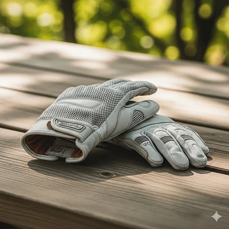 A motorcyclist wearing black leather summer motorcycle gloves with perforated panels, holding the handlebars on a sunny day.