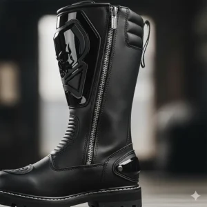 A close-up shot of a tall black motorcycle boot, highlighting the protective shin plate and side zipper for easy on and off.
