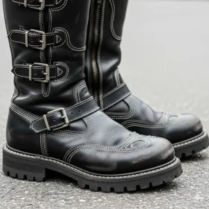 A close-up shot of a pair of well-worn black leather tall motorcycle boots, showing intricate stitching and a sturdy sole, ideal for rider safety.
