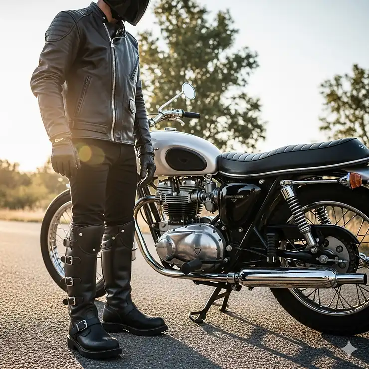 A man wearing a black leather jacket and helmet standing next to a classic motorcycle, showcasing a pair of tall motorcycle boots with reinforced ankles and a sturdy sole.