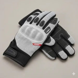 An example of textile motorcycle gloves, highlighting the breathable mesh material used for ventilation during hot weather rides.