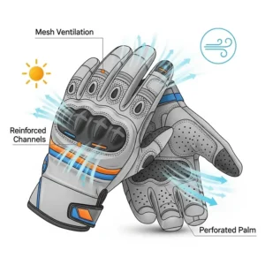 An illustration highlighting the breathability and ventilation features of textile motorcycle gloves, perfect for summer riding.