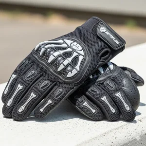 A pair of lightweight and breathable textile skeleton motorcycle gloves, ideal for summer riding.