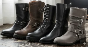 A selection of the top-rated women's biker boots arranged together, showcasing different styles.