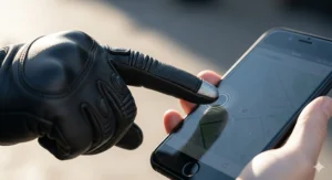 A close-up of a gloved finger interacting with a smartphone screen, showcasing the touchscreen-compatible feature of the leather motorcycle gloves.