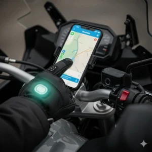 A rider using a smartphone's touchscreen with a gloved finger, highlighting the touchscreen compatibility of these heated gloves.