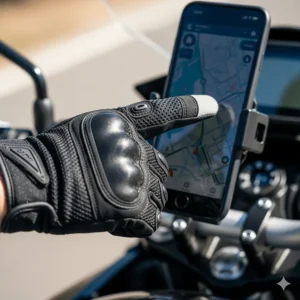 A rider using a smartphone's touchscreen with a gloved finger, showcasing the touchscreen-compatible feature of summer motorcycle gloves.