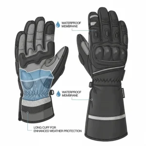 An illustration showing the waterproof membrane and long cuff of touring motorcycle gloves, ideal for long rides in various weather conditions.