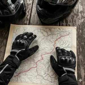 An overhead view of a motorcyclist on a long tour, wearing touring waterproof motorcycle gloves with a detailed map in the background.