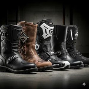 A collection of different styles of wide calf motorcycle boots, including touring, cruiser, and sport boots.