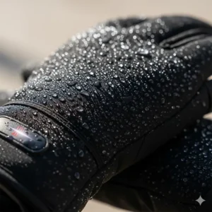 A demonstration of the waterproof exterior of heated gloves, with water beading off the surface.