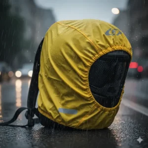 Close-up of a waterproof motorcycle helmet backpack with a visible rain cover, ensuring gear stays dry during commutes.