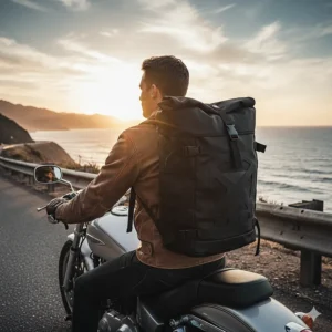 A close-up of a waterproof motorcycle backpack showing its sealed zippers.