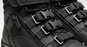 A photograph of the secure fastening system on the boots, featuring adjustable straps and a zipper, ensuring a snug and comfortable fit.
