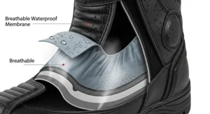 A close-up, cutaway view of a waterproof motorcycle boot showing the internal breathable membrane that keeps water out while allowing moisture to escape.