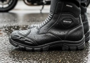 Close-up of waterproof motorcycle boots on a rainy day, highlighting their Gore-Tex lining and non-slip sole.