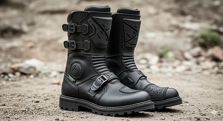 A pair of black, leather waterproof motorcycle boots standing upright against a rugged background, highlighting their durable construction and protective features.