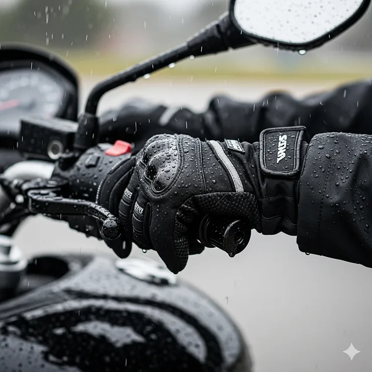 A close-up shot of a rider's hands wearing waterproof motorcycle gloves gripping handlebars in the rain.