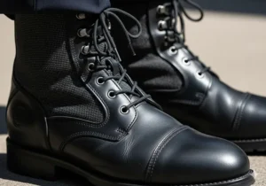 Waterproof and breathable material protecting an officer's feet while wearing police riding boots.