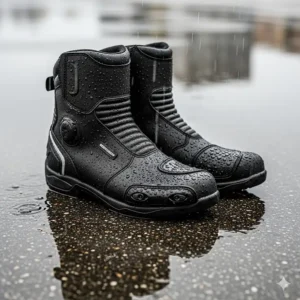A pair of waterproof short motorcycle boots on a wet pavement, illustrating their ability to keep feet dry in rainy conditions.