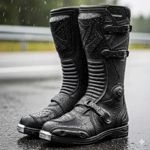A pair of tall waterproof motorcycle boots covered in a light sheen of water, illustrating their ability to keep feet dry in wet conditions.