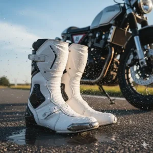 A pair of waterproof white motorcycle boots designed to keep a rider's feet dry in all weather conditions.