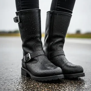 A pair of waterproof women's motorcycle boots. Water beads on the surface of the leather, highlighting the boot's weather-resistant feature.