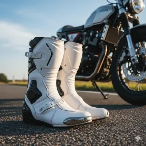 A side-view of white motorcycle boots, highlighting their height and streamlined silhouette.