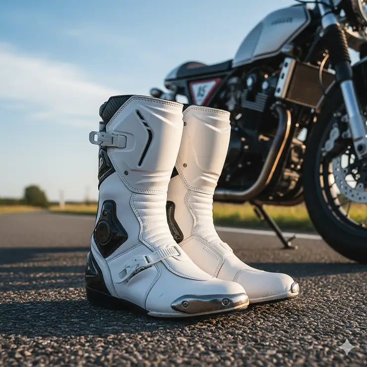 A close-up shot of stylish white motorcycle boots, showcasing their clean design and protective features.