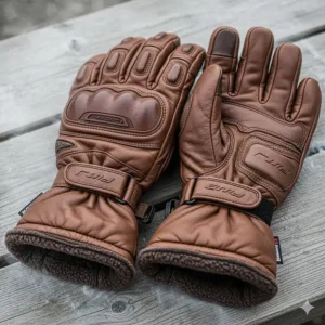 A pair of insulated leather motorcycle gloves designed to keep hands warm during cold weather rides.