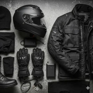 A flat-lay arrangement of essential winter motorcycle gear, including a helmet, jacket, and heated gloves.