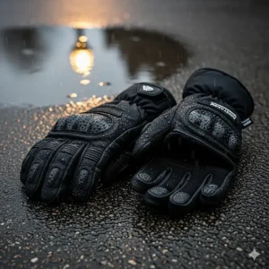 A pair of insulated winter waterproof motorcycle gloves resting on a wet pavement, showing their ability to keep hands warm and dry.