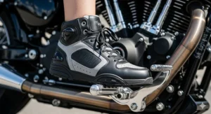 A woman resting her foot on a motorcycle footpeg, showing how the women's motorcycle sneakers fit while riding.
