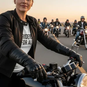 A female rider wearing well-fitting motorcycle gauntlet gloves, emphasizing that these gloves are available for all riders.