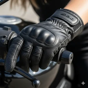 A woman's hand wearing a stylish pair of leather motorcycle gloves designed for a comfortable fit.