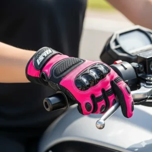 A woman's hand wearing a pink and black pair of summer motorcycle gloves, demonstrating a comfortable and stylish fit.