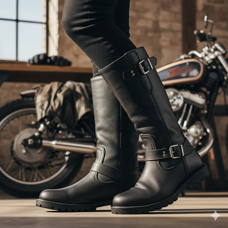 A close-up shot of a woman's foot clad in a pair of stylish, black leather motorcycle boots, highlighting the rugged sole and high-quality leather. womens leather motorcycle boots