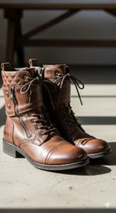 Stylish pair of women's brown moto boots with ankle protection and side zipper.