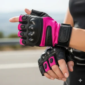 A woman's hand modeling a pair of fitted pink and black fingerless motorcycle gloves.