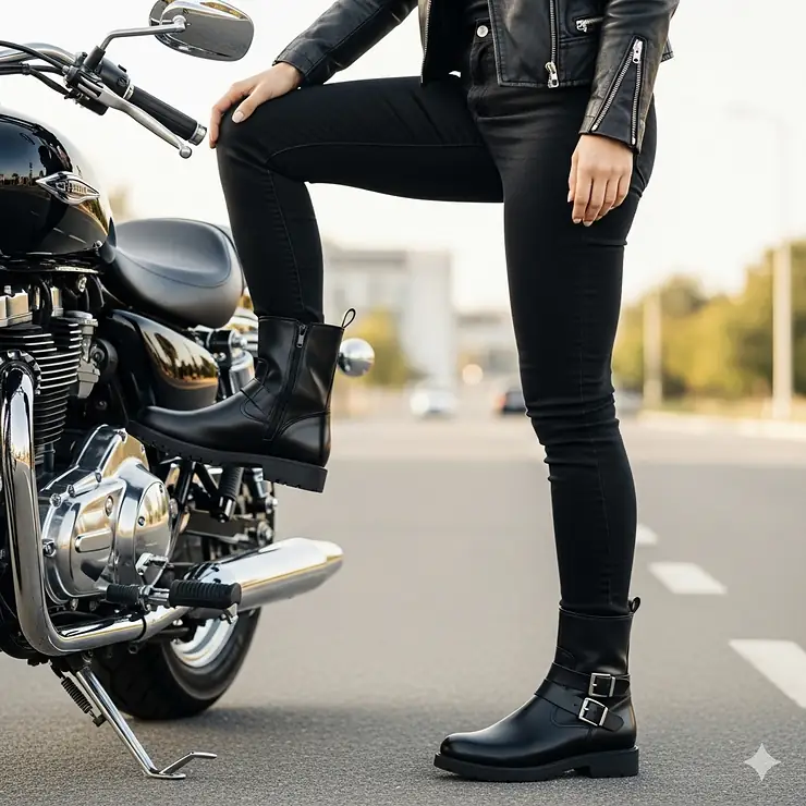 A woman stands with her leg on a motorcycle, wearing a pair of stylish, black leather women's motorcycle boots. The boots feature a sturdy sole and subtle buckle details.