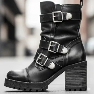 A side-view of heeled women's motorcycle boots, showcasing the chunky heel, which adds height and style while maintaining stability.