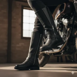 A woman's feet resting on the footpegs of a motorcycle, wearing durable leather motorcycle boots with shift protection.
