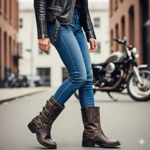 A woman models a pair of distressed brown leather women's motorcycle boots, paired with jeans and a leather jacket.