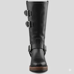 Front view of women's motorcycle knee boots featuring a stacked heel and multiple buckle straps.