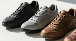 A display showing various color options for the best women's motorcycle sneakers, including black, gray, and brown.