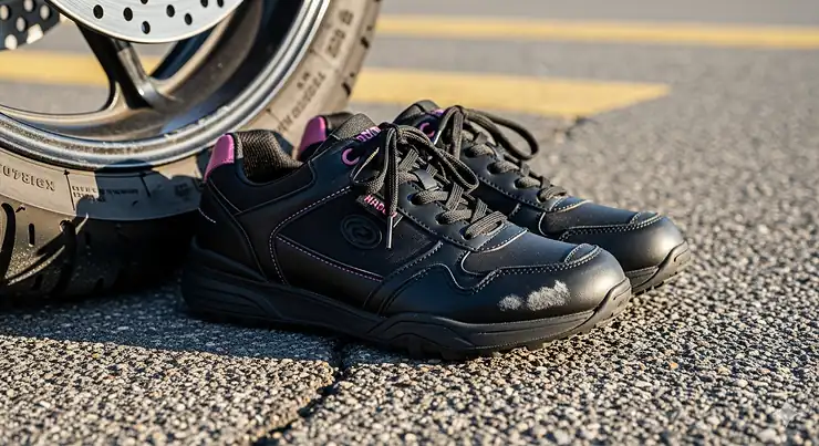 A close-up shot of stylish women's motorcycle sneakers designed for both protective riding and casual street wear.