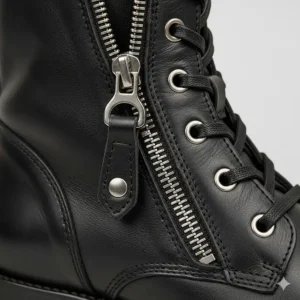 Close-up of the convenient zip-up fastening system on the popular women's biker boots design.