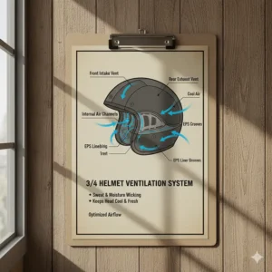 Diagram highlighting the effective airflow and ventilation system in a premium 3/4 motorcycle helmet.