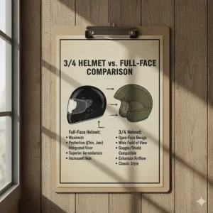 A visual comparison between a traditional full-face helmet and a standard 3/4 motorcycle helmet.