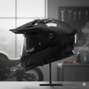 Side profile of an aerodynamic carbon helmet, showing its vents and spoilers designed for reduced drag at high speeds.
